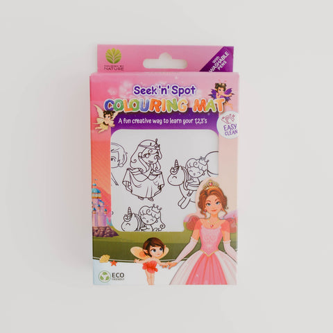 Packaging of Seek n Spot silicone colouring mat with princesses and fairies theme